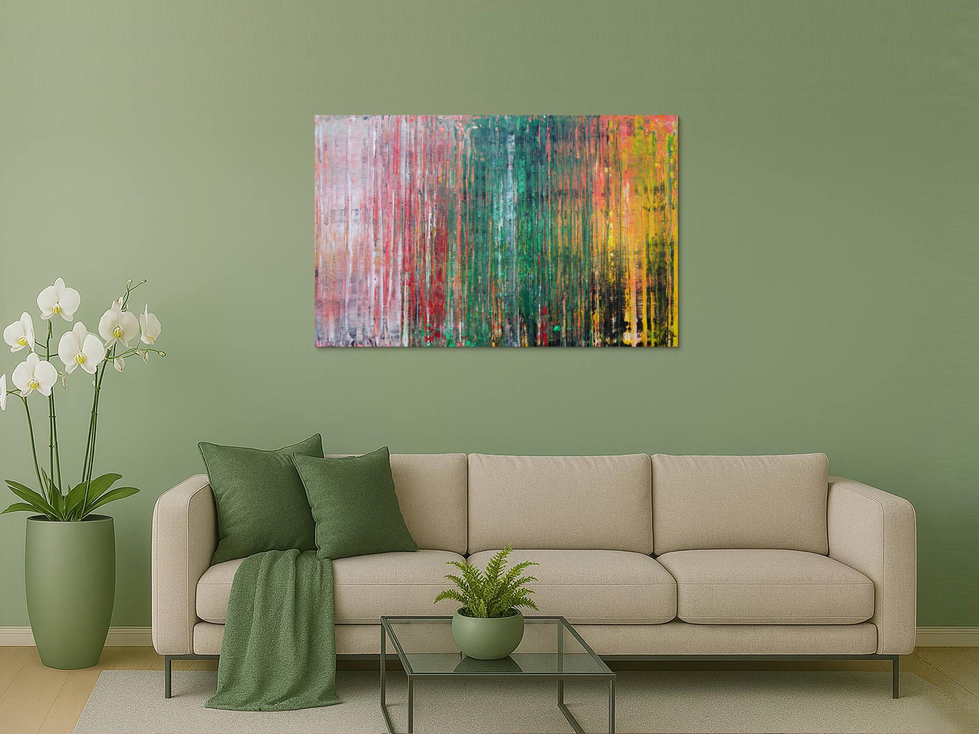 Abstraktes Acrylbild sehr modern in Spachteltechnik rot rosa grün gelb zeitgenössische Kunst