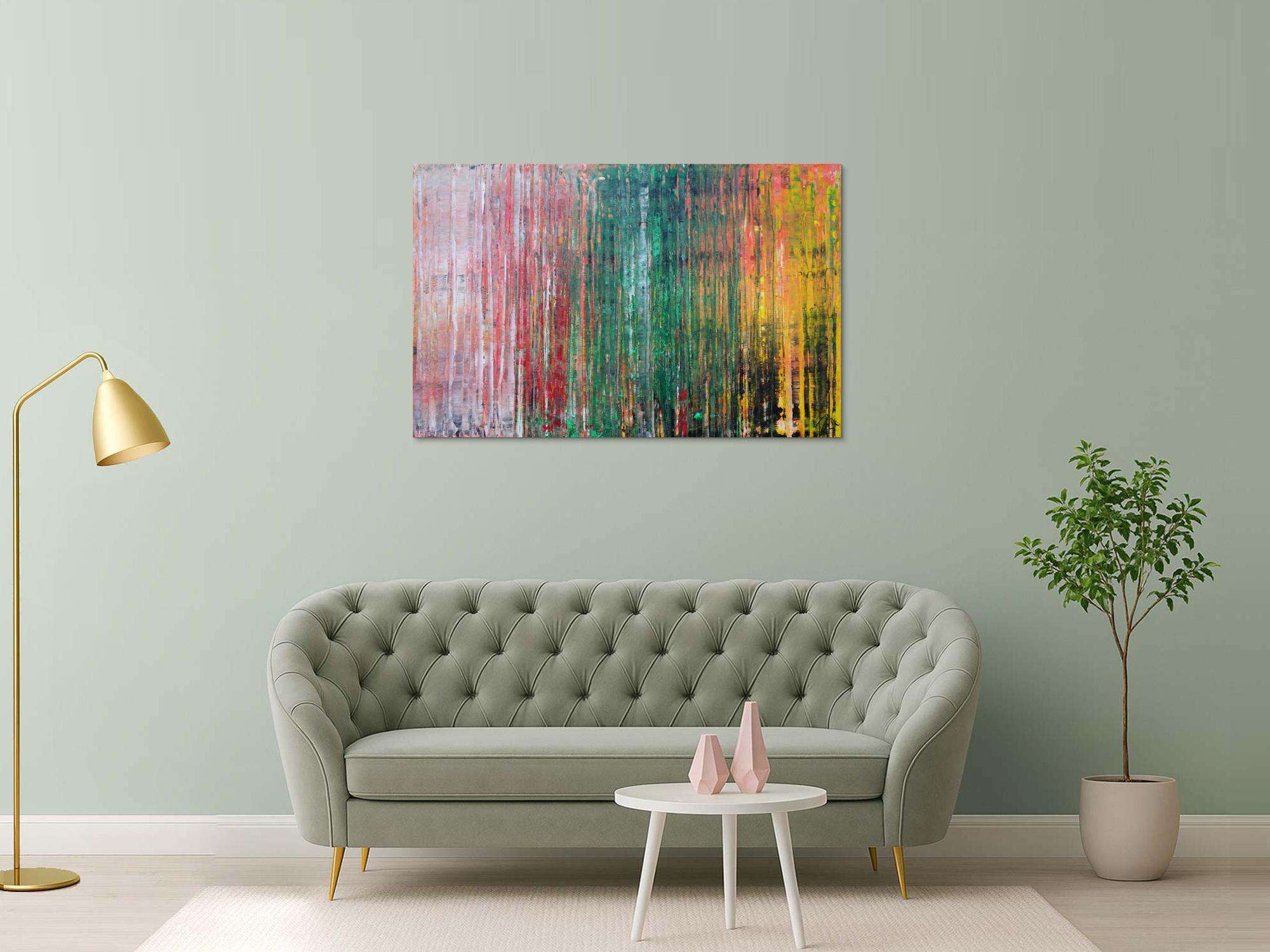 Abstraktes Acrylbild sehr modern in Spachteltechnik rot rosa grün gelb zeitgenössische Kunst