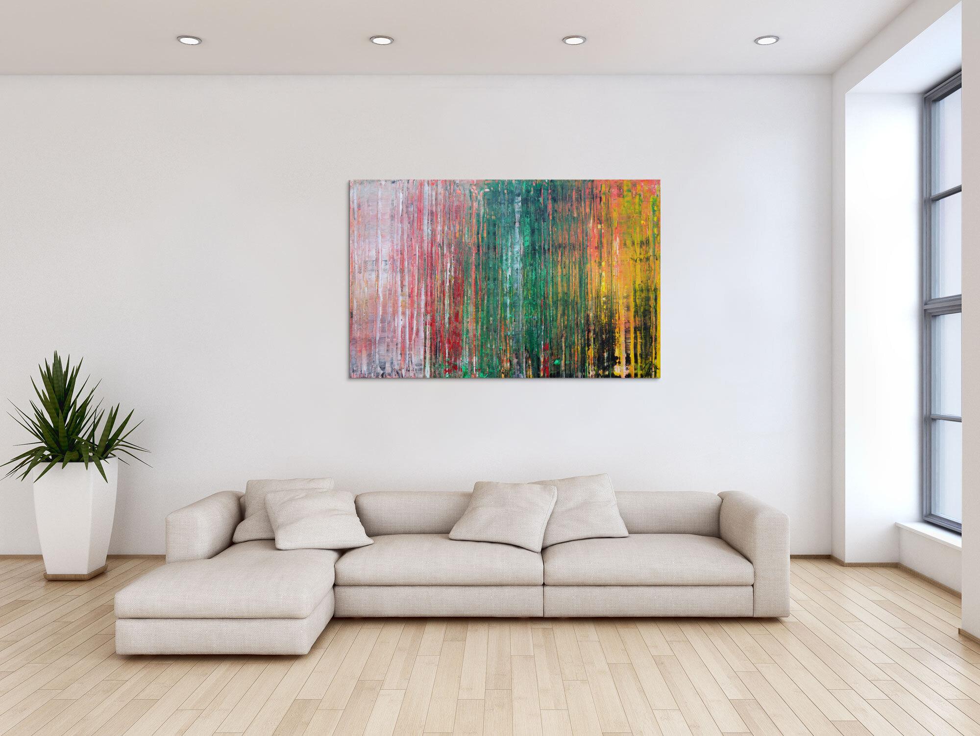 Abstraktes Acrylbild sehr modern in Spachteltechnik rot rosa grün gelb zeitgenössische Kunst