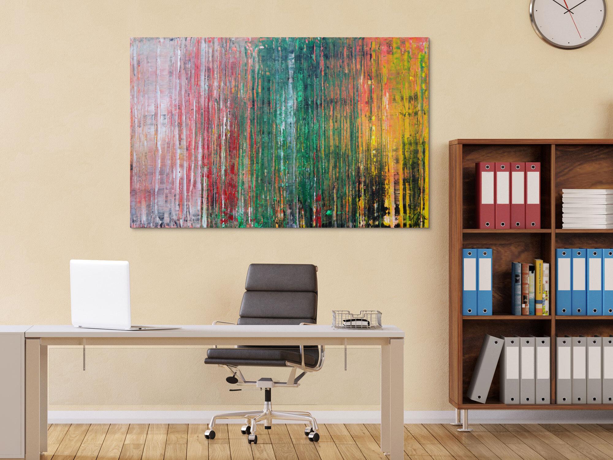 Abstraktes Acrylbild sehr modern in Spachteltechnik rot rosa grün gelb zeitgenössische Kunst