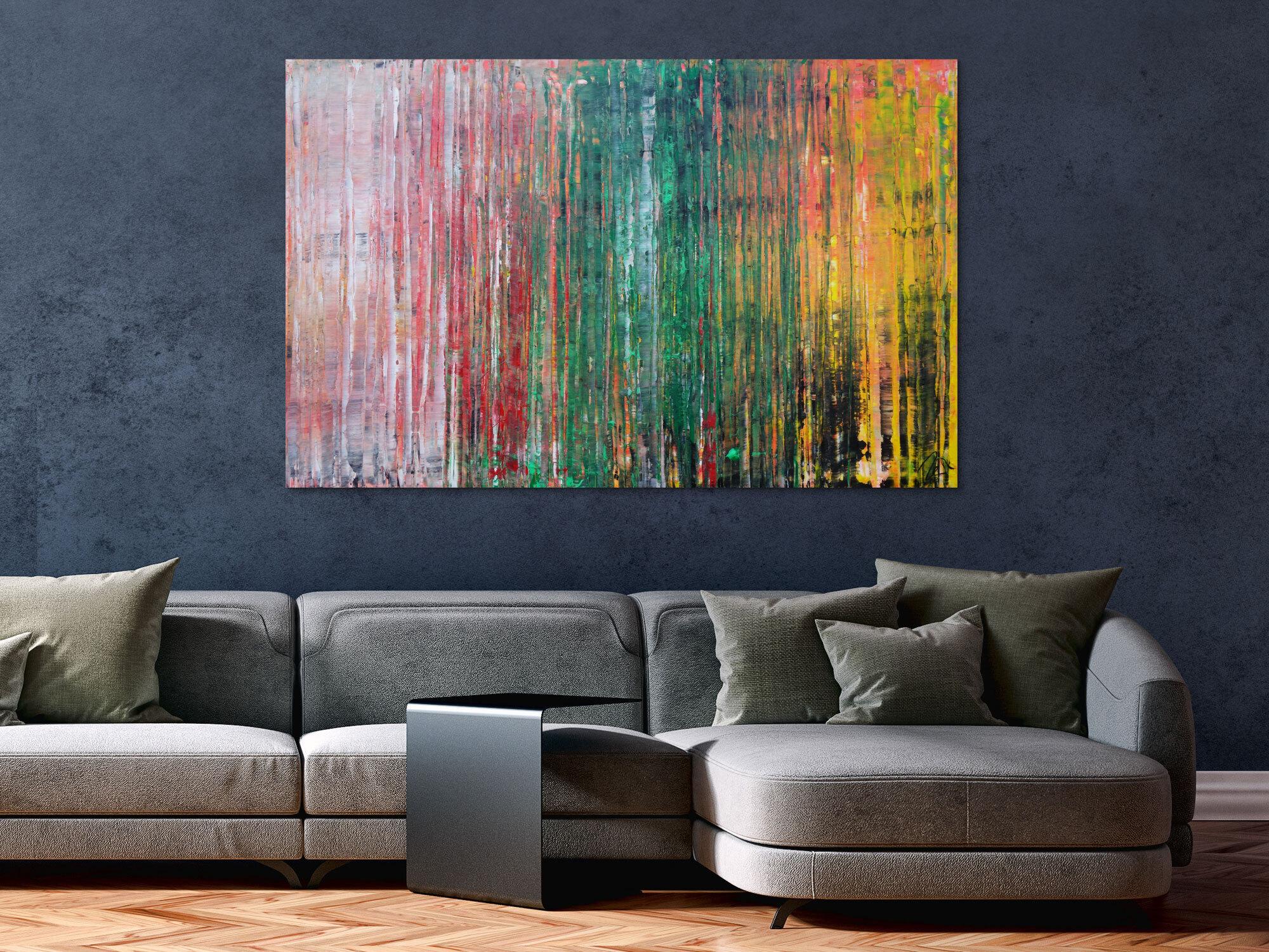 Abstraktes Acrylbild sehr modern in Spachteltechnik rot rosa grün gelb zeitgenössische Kunst