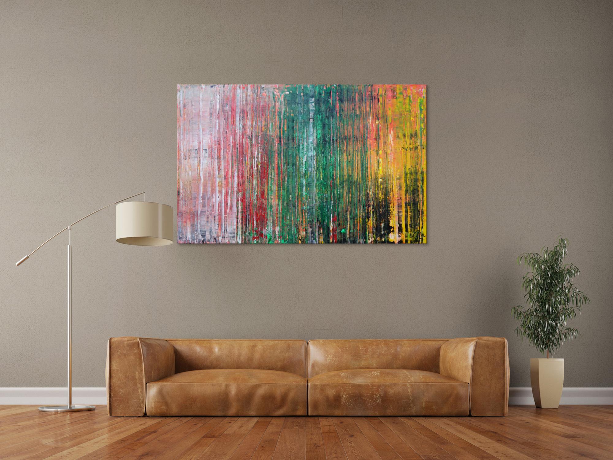 Abstraktes Acrylbild sehr modern in Spachteltechnik rot rosa grün gelb zeitgenössische Kunst