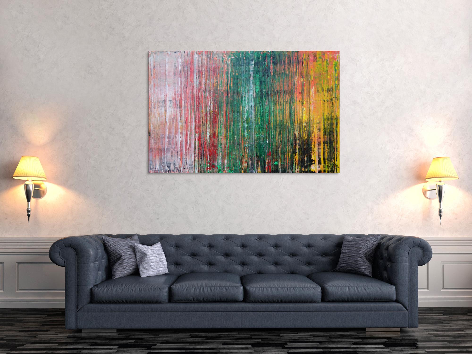 Abstraktes Acrylbild sehr modern in Spachteltechnik rot rosa grün gelb zeitgenössische Kunst