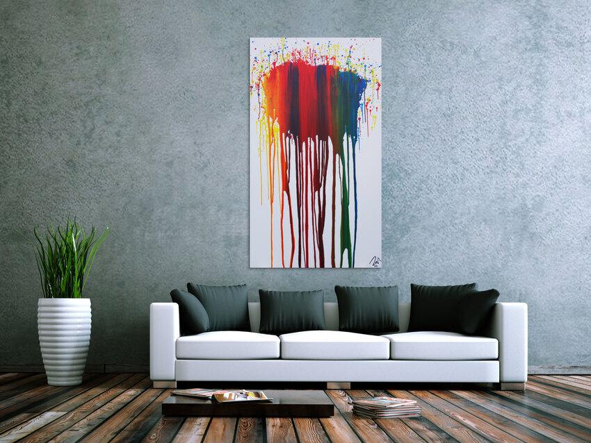 Abstraktes Acrylbild sehr bunt in Fließtechnik Fluidpainting zeitgenössisch modern im Hochformat