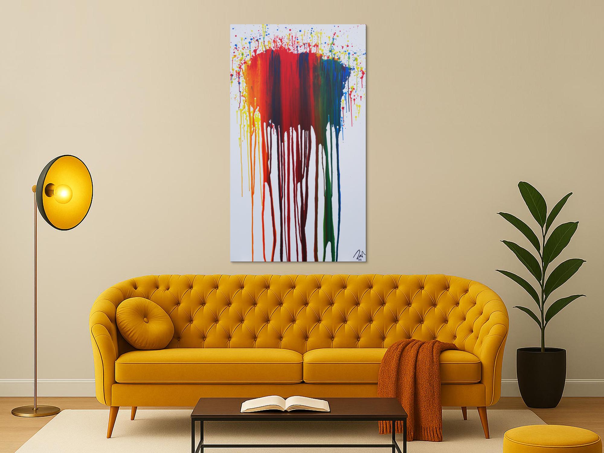 Abstraktes Acrylbild sehr bunt in Fließtechnik Fluidpainting zeitgenössisch modern im Hochformat