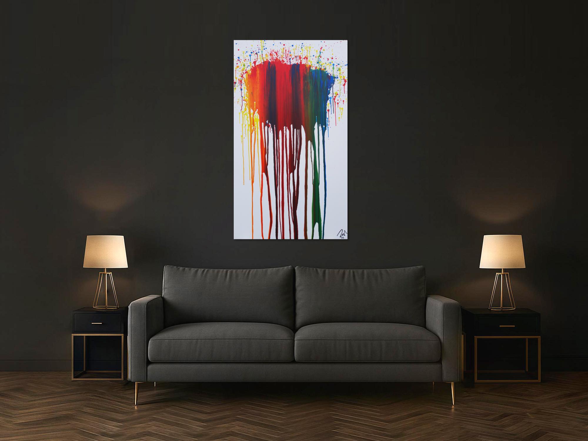 Abstraktes Acrylbild sehr bunt in Fließtechnik Fluidpainting zeitgenössisch modern im Hochformat