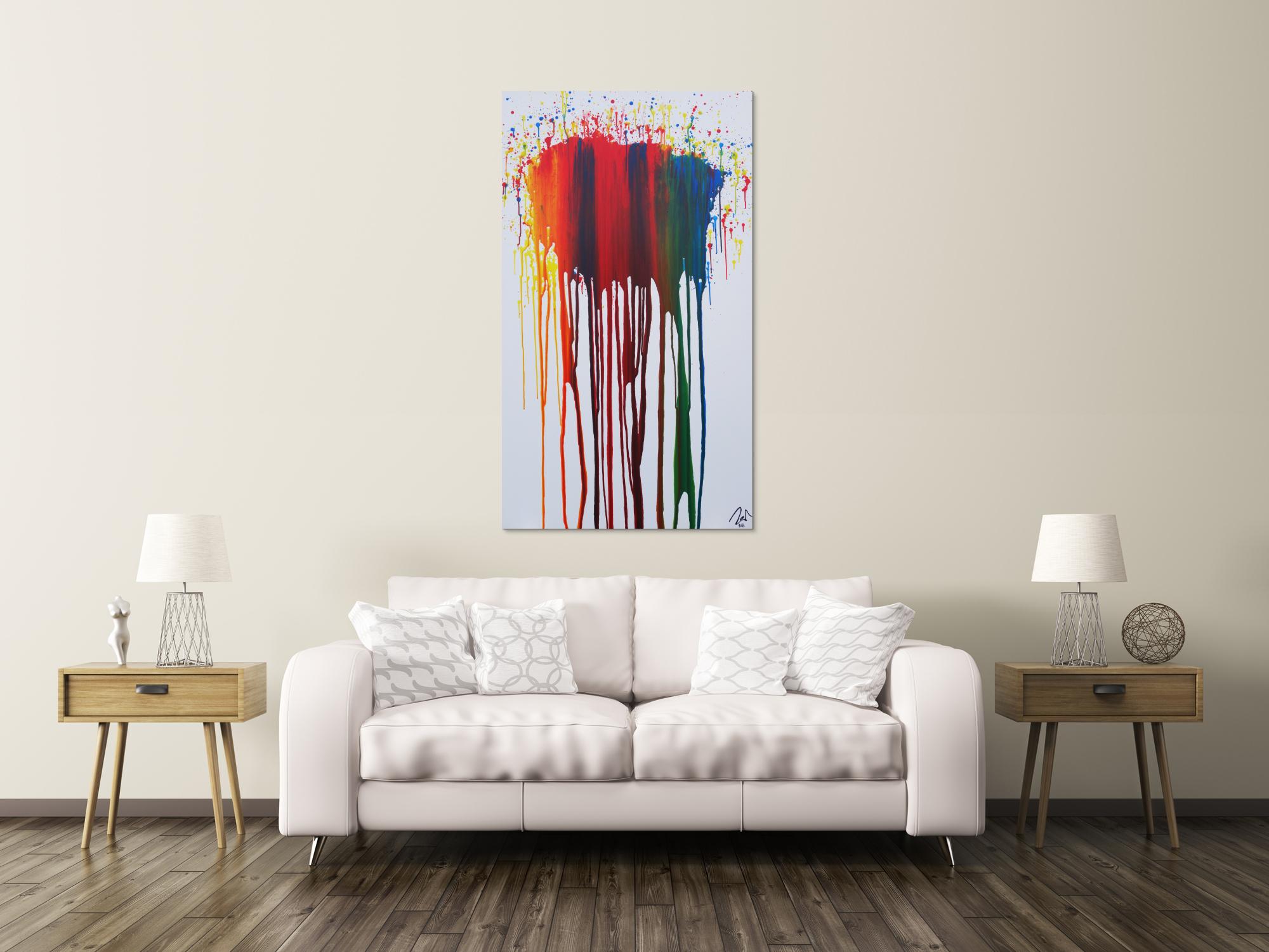Abstraktes Acrylbild sehr bunt in Fließtechnik Fluidpainting zeitgenössisch modern im Hochformat