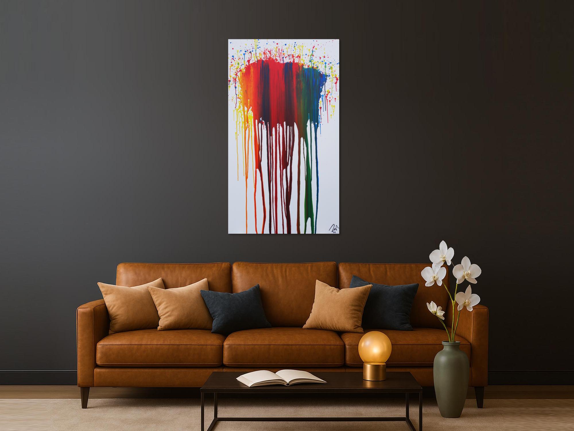 Abstraktes Acrylbild sehr bunt in Fließtechnik Fluidpainting zeitgenössisch modern im Hochformat