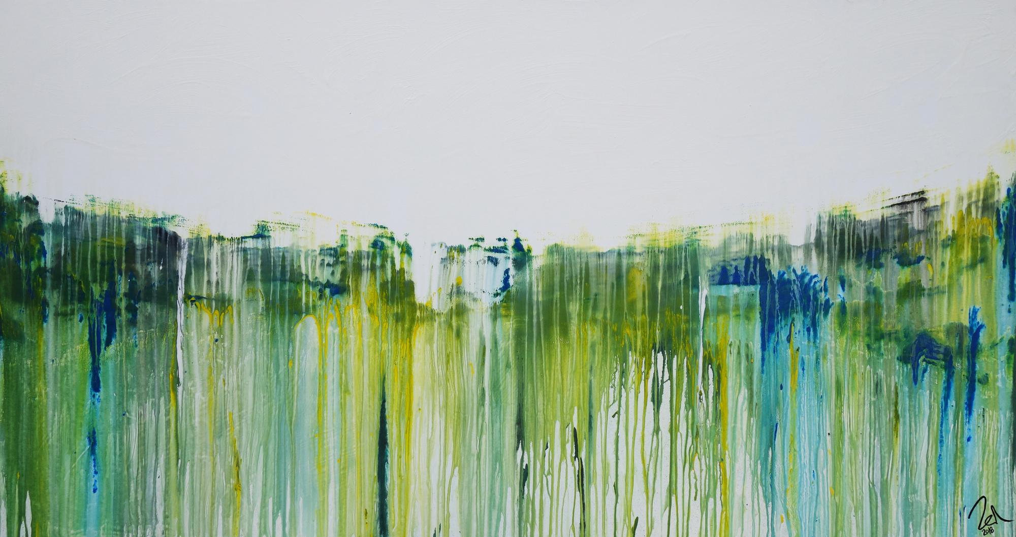 Abstraktes Acrylbild sehr modern in weiß gelb grüb blau Mischtechnik zeitgenössisch