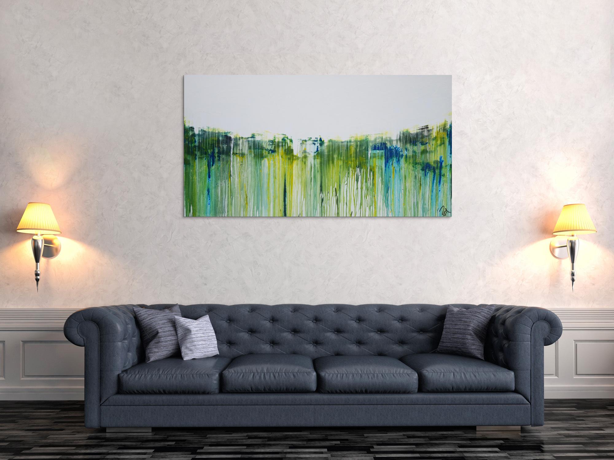 Abstraktes Acrylbild sehr modern in weiß gelb grüb blau Mischtechnik zeitgenössisch