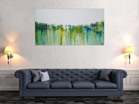 Abstraktes Acrylbild sehr modern in weiß gelb grüb blau Mischtechnik zeitgenössisch