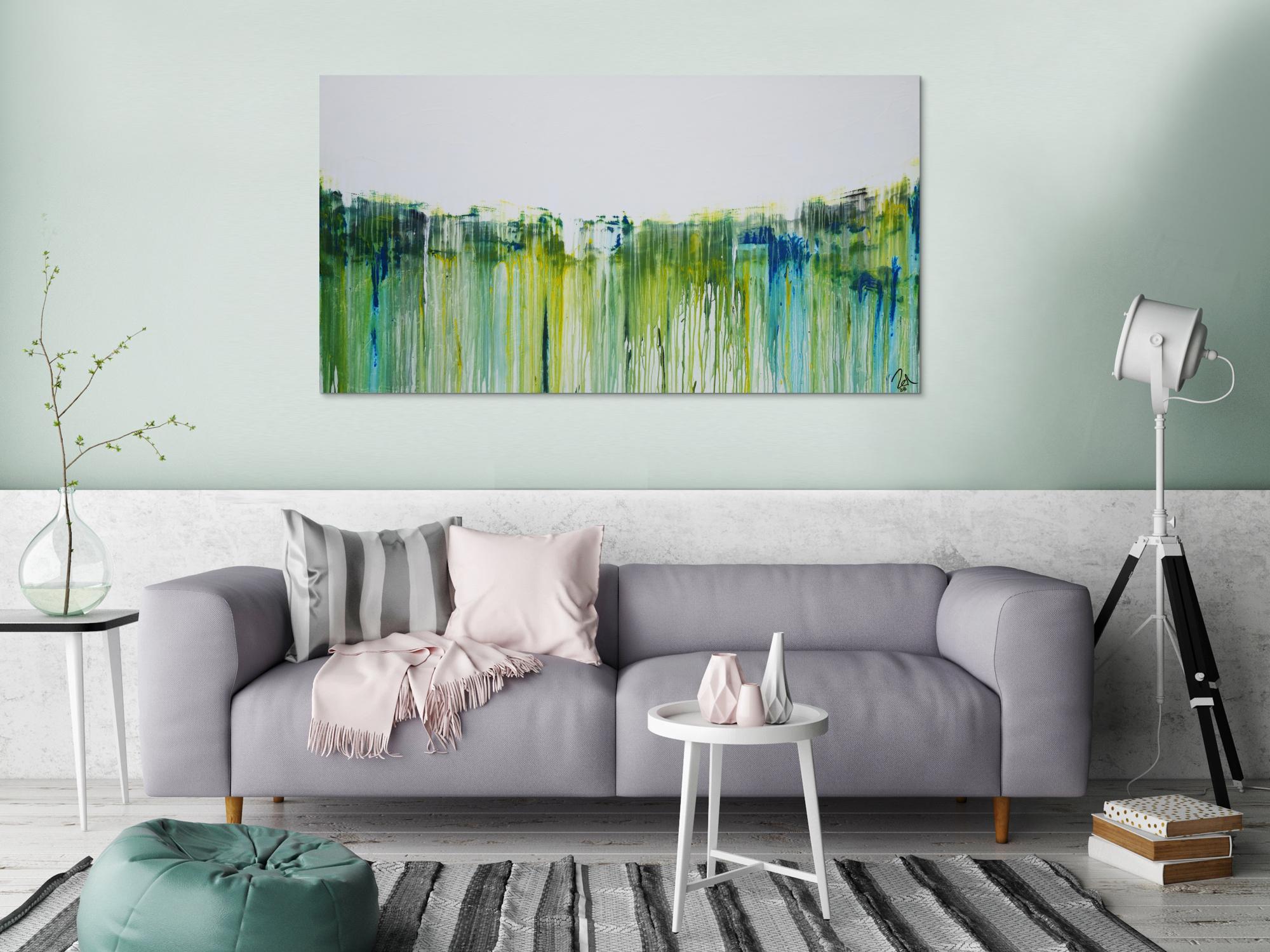 Abstraktes Acrylbild sehr modern in weiß gelb grüb blau Mischtechnik zeitgenössisch