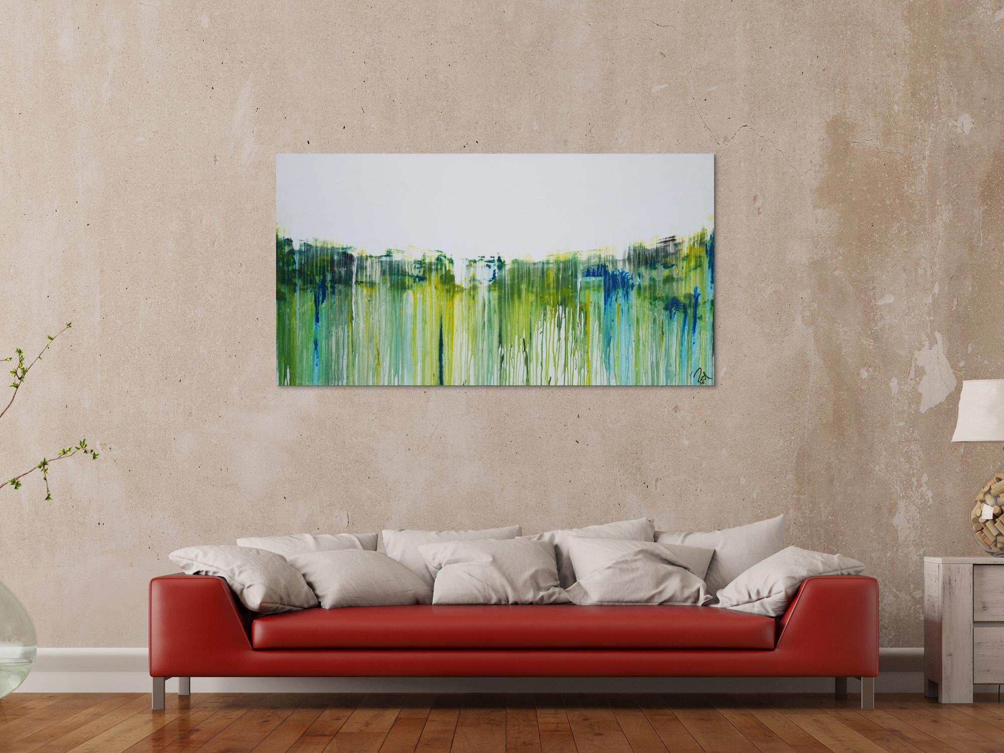 Abstraktes Acrylbild sehr modern in weiß gelb grüb blau Mischtechnik zeitgenössisch