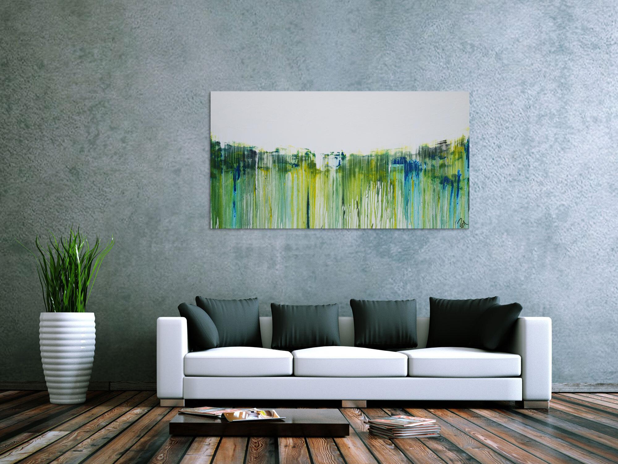 Abstraktes Acrylbild sehr modern in weiß gelb grüb blau Mischtechnik zeitgenössisch