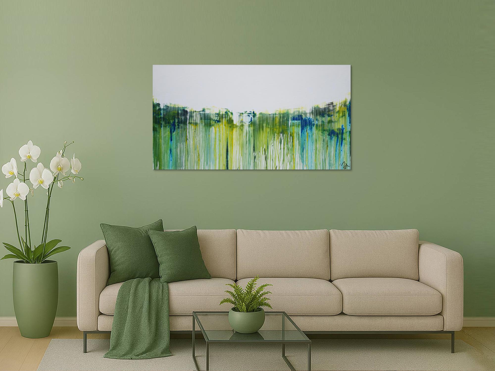 Abstraktes Acrylbild sehr modern in weiß gelb grüb blau Mischtechnik zeitgenössisch