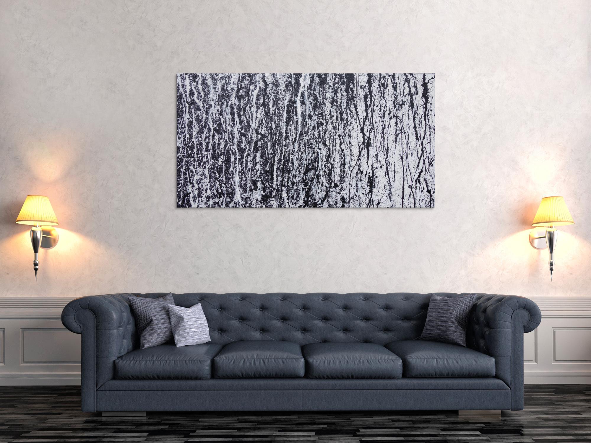 Abstraktes Acrylbild modern in schwarz weiß schlicht zeitgenössisch Action Painting