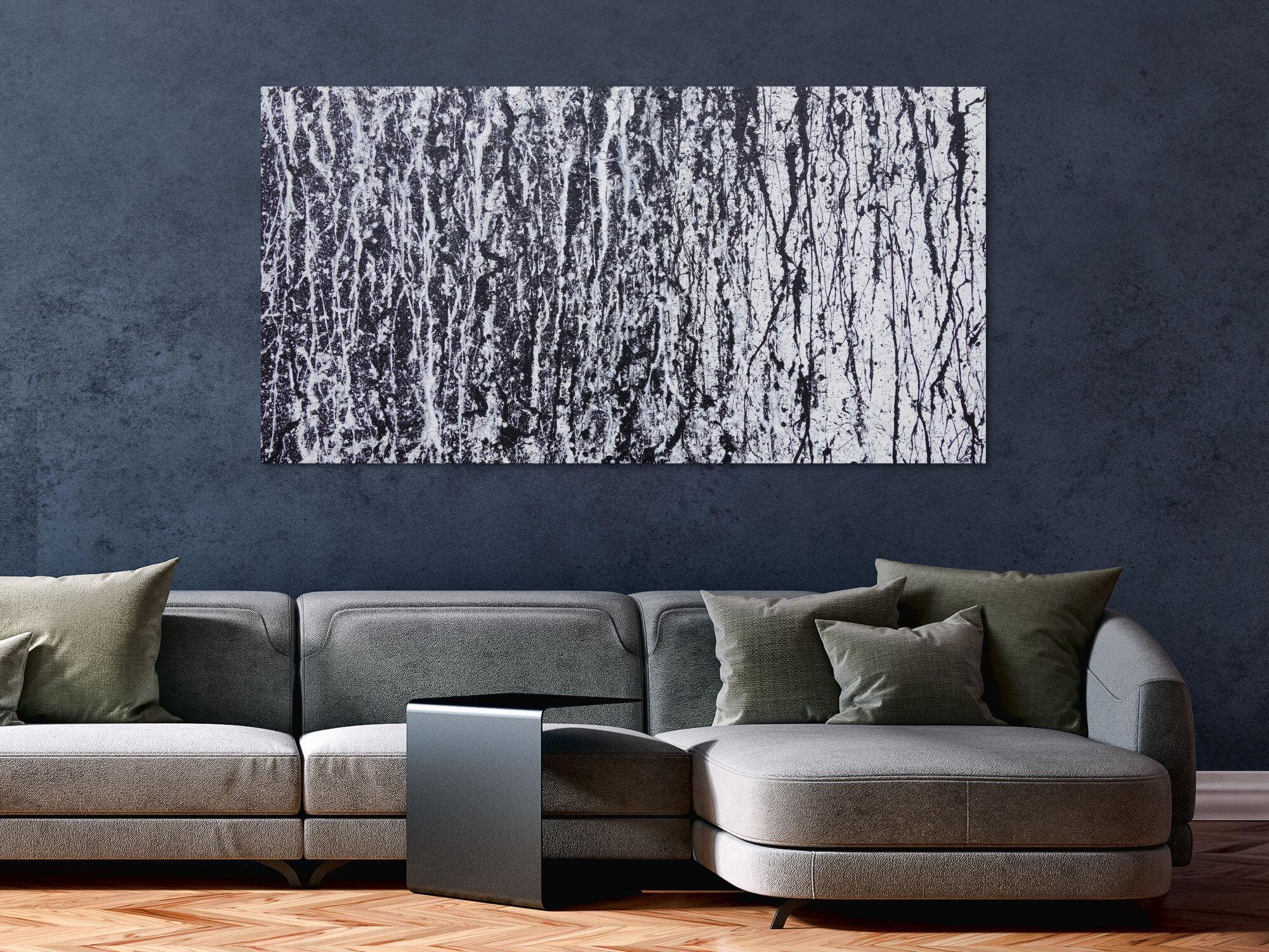 Abstraktes Acrylbild modern in schwarz weiß schlicht zeitgenössisch Action Painting