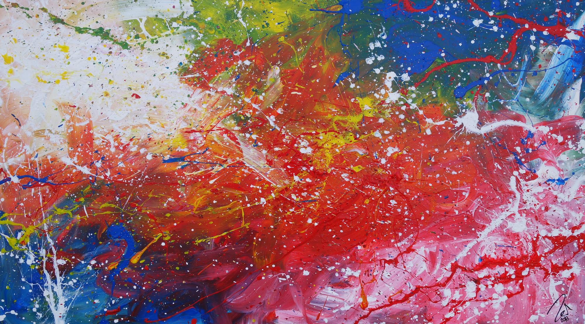 Abstraktes Acrylbild sehr modern bunt rot blau weiß grün Action Painting Mischtechnik