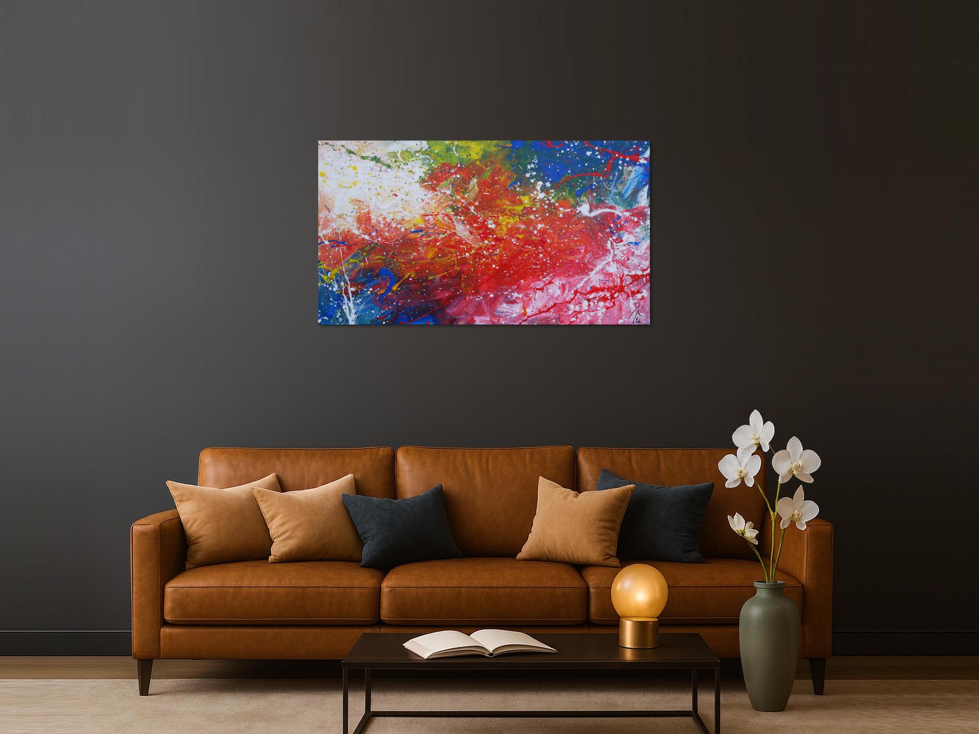 Abstraktes Acrylbild sehr modern bunt rot blau weiß grün Action Painting Mischtechnik