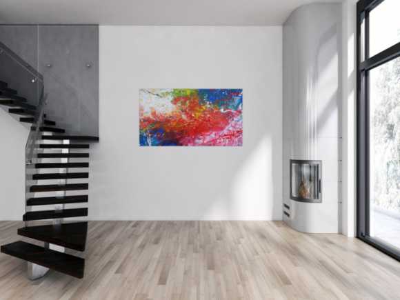Abstraktes Acrylbild sehr modern bunt rot blau weiß grün Action Painting Mischtechnik