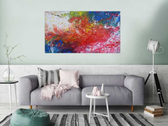 Abstraktes Acrylbild sehr modern bunt rot blau weiß grün Action Painting Mischtechnik