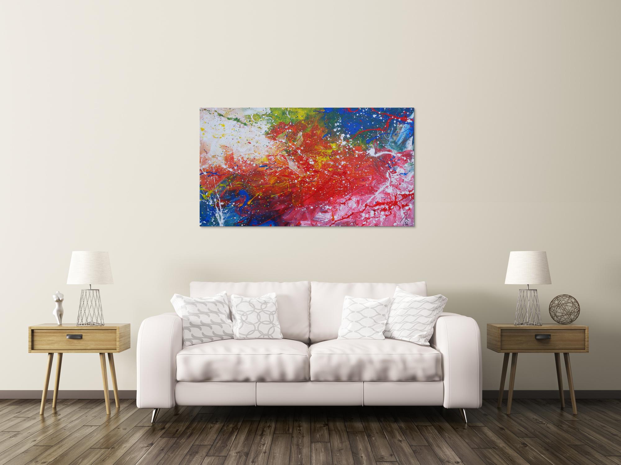 Abstraktes Acrylbild sehr modern bunt rot blau weiß grün Action Painting Mischtechnik