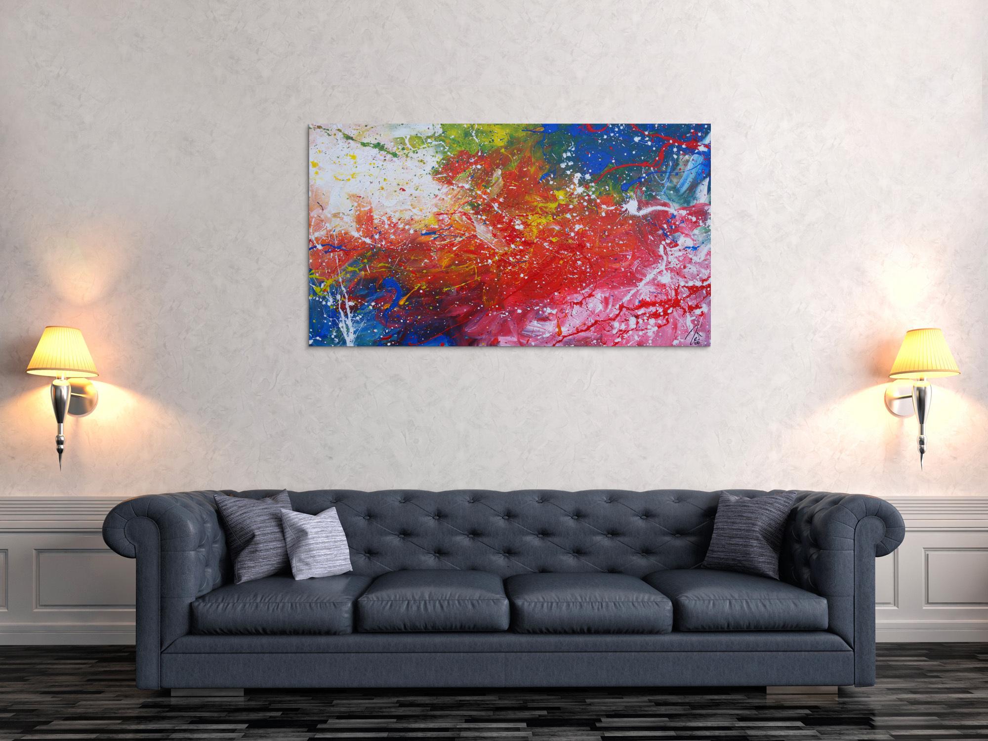 Abstraktes Acrylbild sehr modern bunt rot blau weiß grün Action Painting Mischtechnik