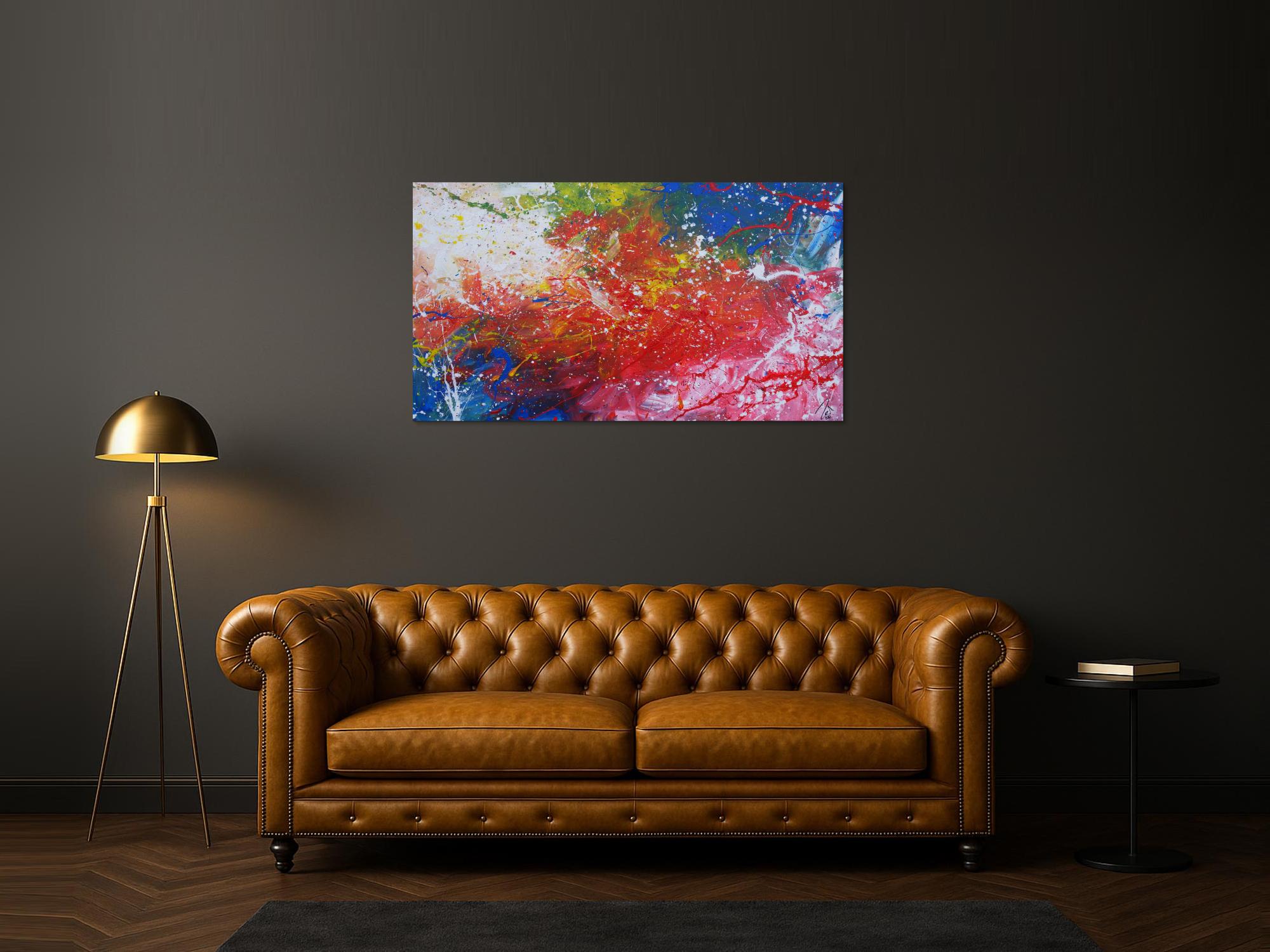 Abstraktes Acrylbild sehr modern bunt rot blau weiß grün Action Painting Mischtechnik