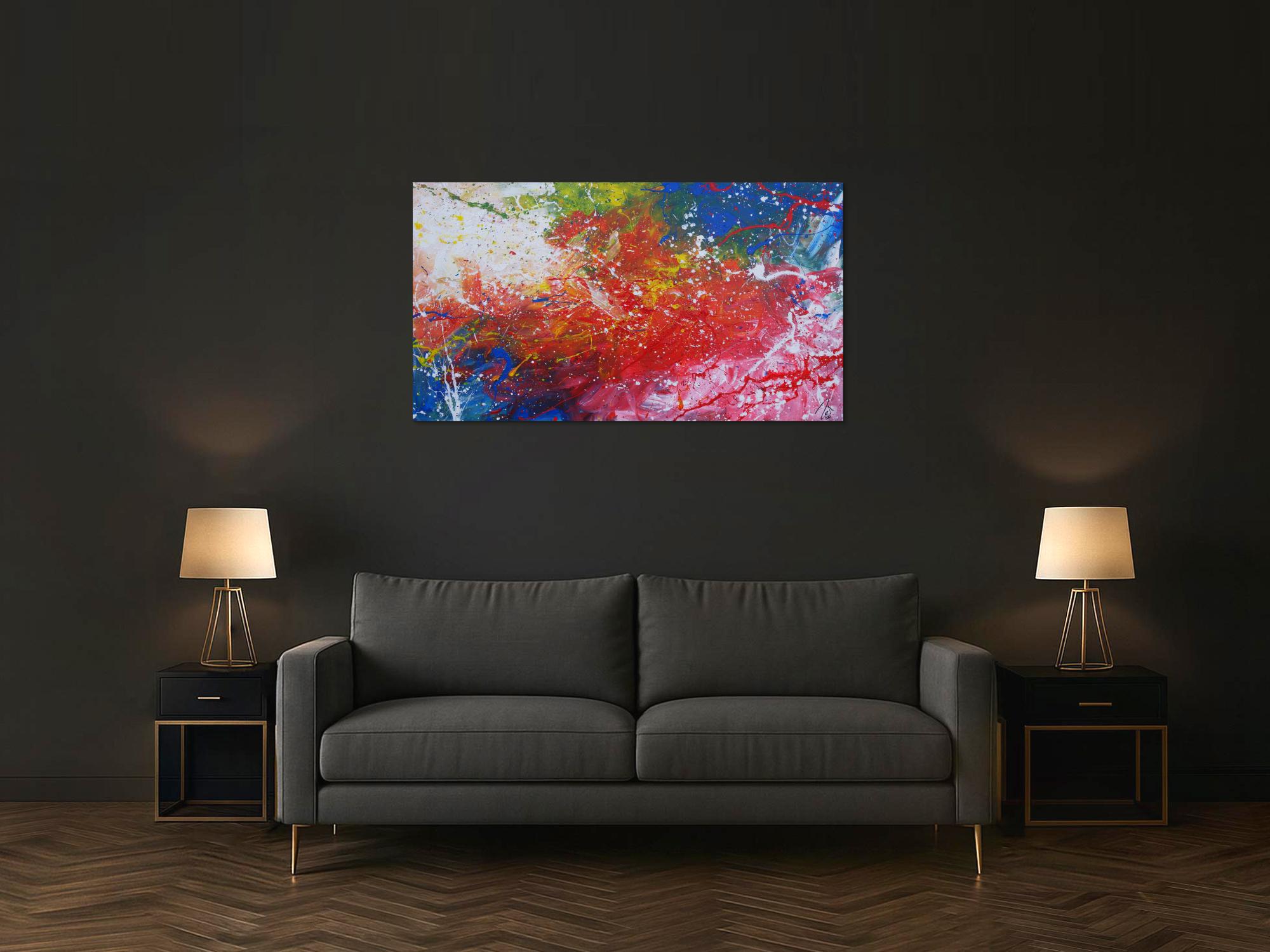 Abstraktes Acrylbild sehr modern bunt rot blau weiß grün Action Painting Mischtechnik