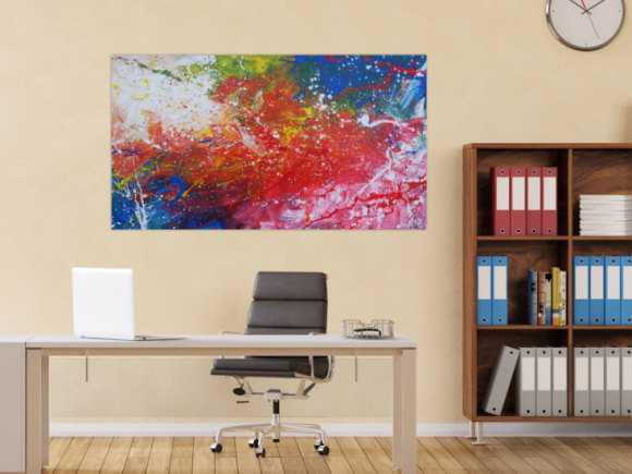 Abstraktes Acrylbild sehr modern bunt rot blau weiß grün Action Painting Mischtechnik