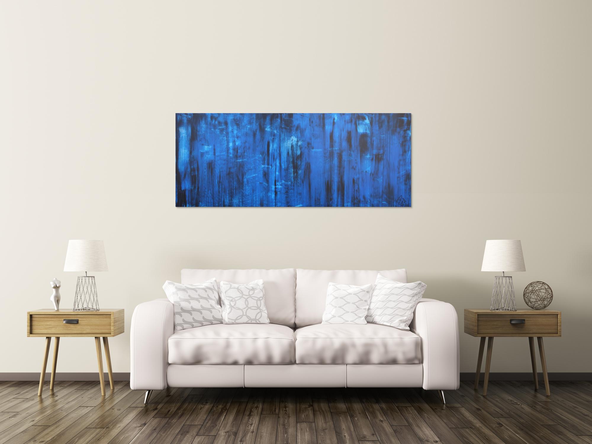 Abstraktes Acrylbild in blau und schwarz Mischtechnik sehr modern zeitgenössisch schlicht