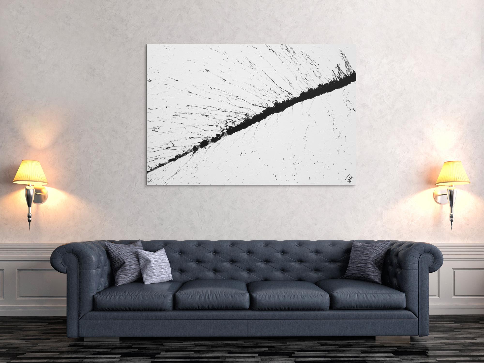 Abstraktes Acrylbild minimalistisch schwarz weiß Action Painting Splash Art modern schlicht