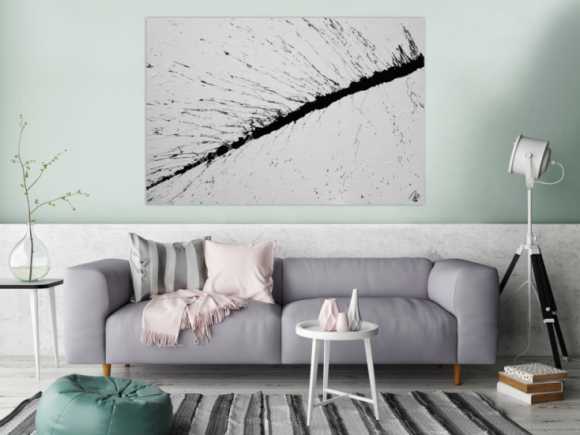 Abstraktes Acrylbild minimalistisch schwarz weiß Action Painting Splash Art modern schlicht