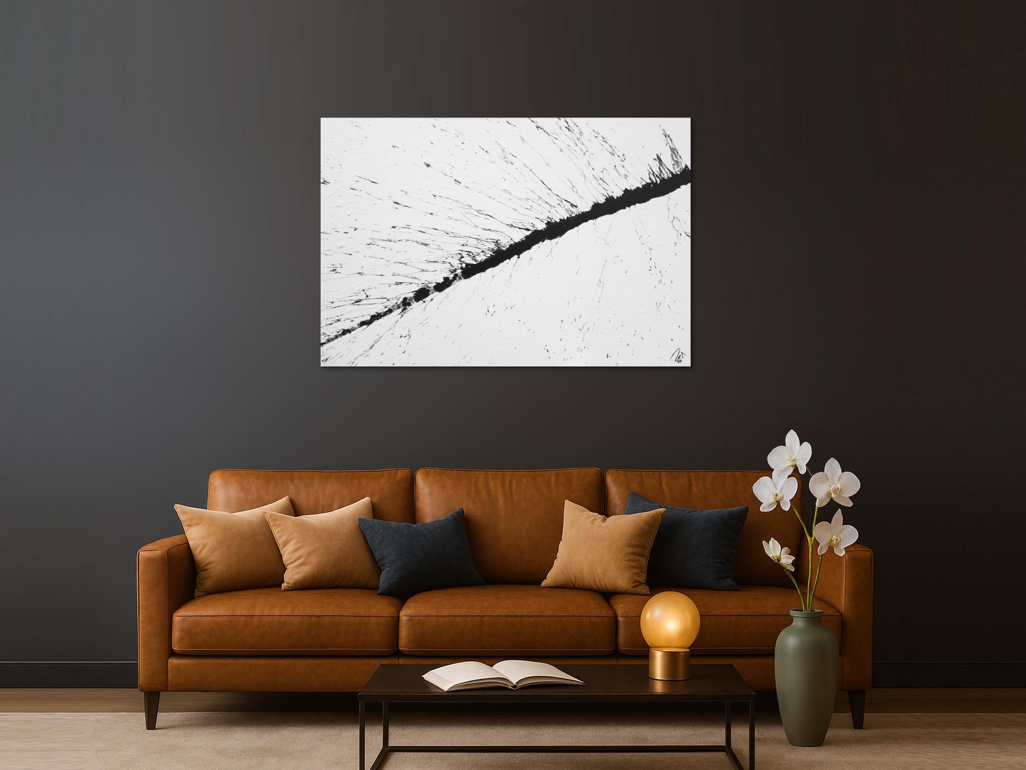 Abstraktes Acrylbild minimalistisch schwarz weiß Action Painting Splash Art modern schlicht
