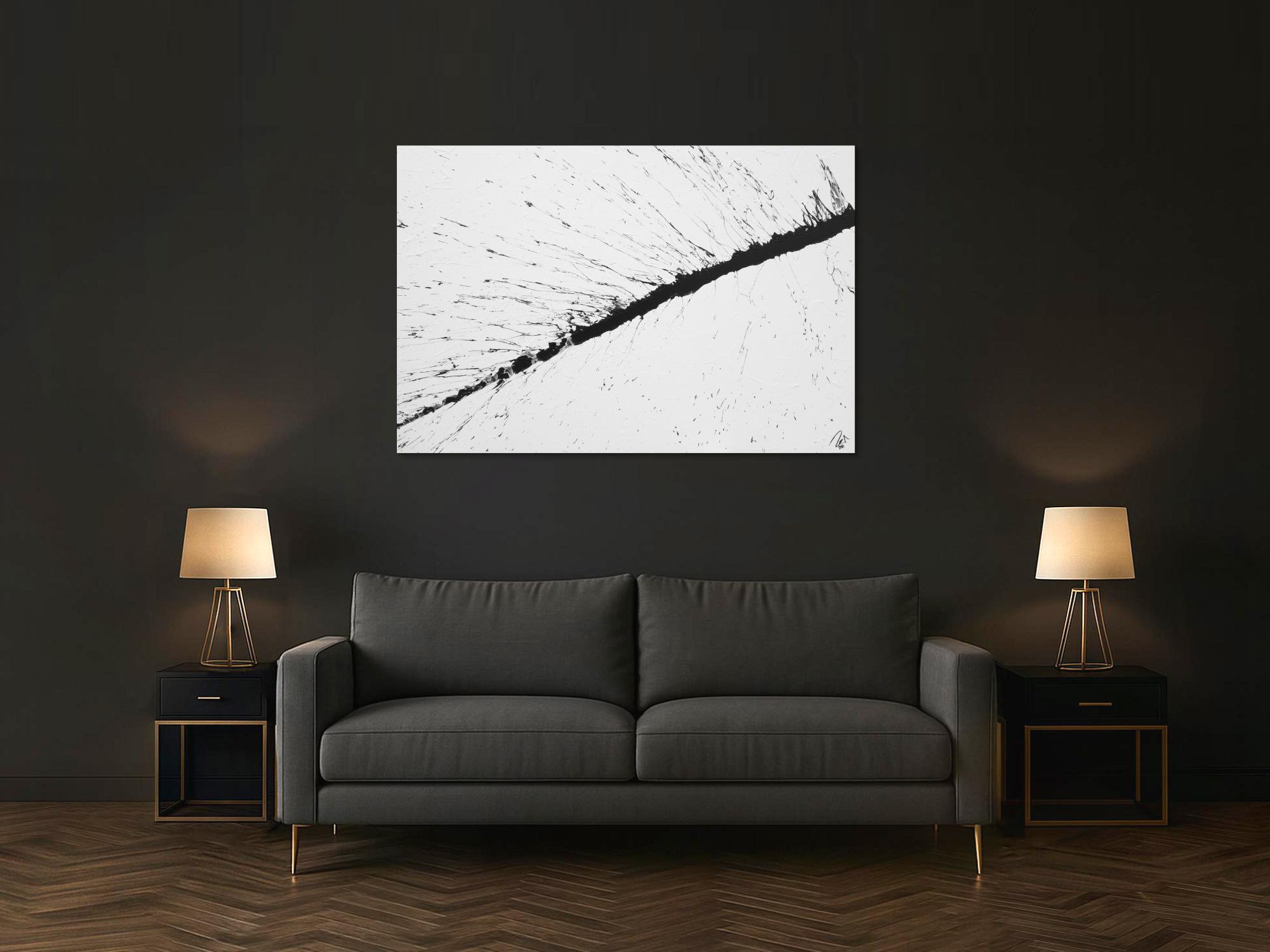 Abstraktes Acrylbild minimalistisch schwarz weiß Action Painting Splash Art modern schlicht