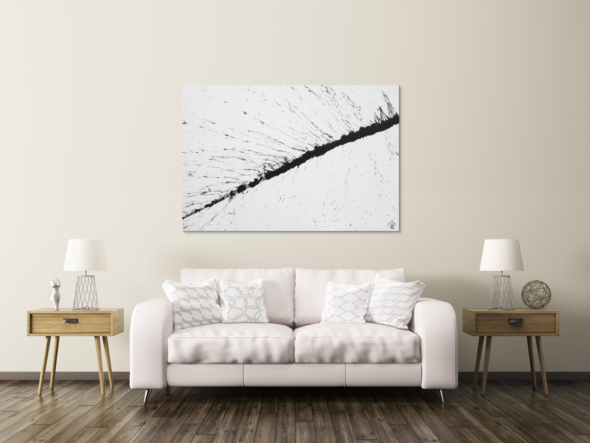 Abstraktes Acrylbild minimalistisch schwarz weiß Action Painting Splash Art modern schlicht