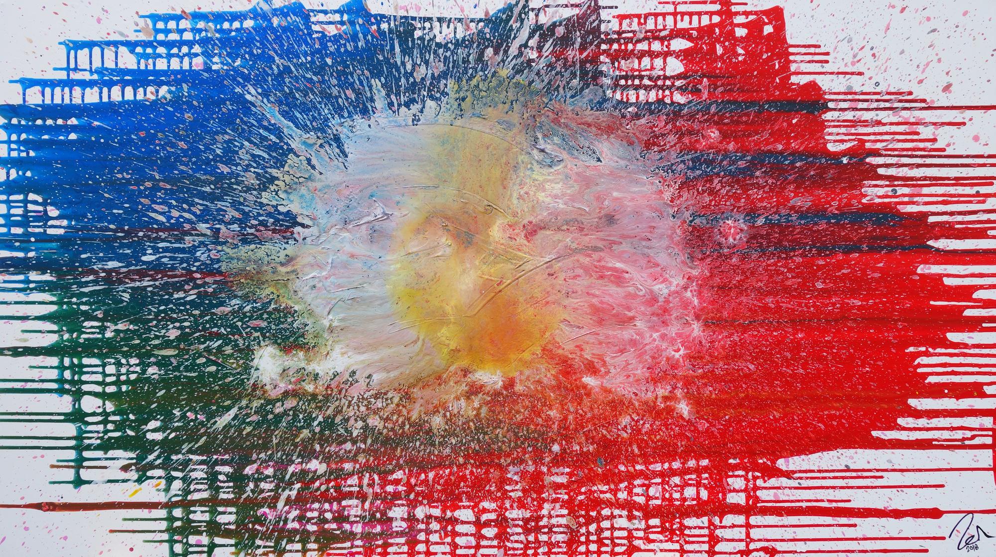 Abstraktes Acrylbild sehr modern in rot blau weiß Splash Art Fluid Painting Mischtechnik