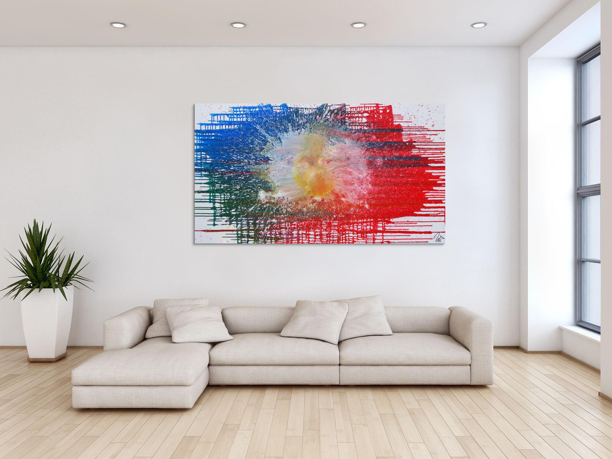 Abstraktes Acrylbild sehr modern in rot blau weiß Splash Art Fluid Painting Mischtechnik