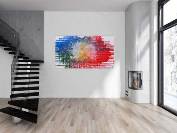 Abstraktes Acrylbild sehr modern in rot blau weiß Splash Art Fluid Painting Mischtechnik