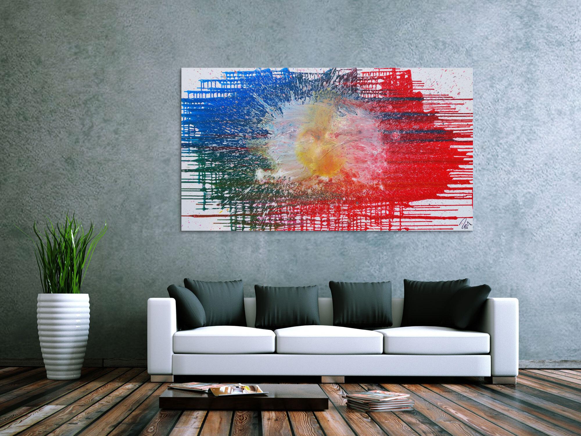 Abstraktes Acrylbild sehr modern in rot blau weiß Splash Art Fluid Painting Mischtechnik