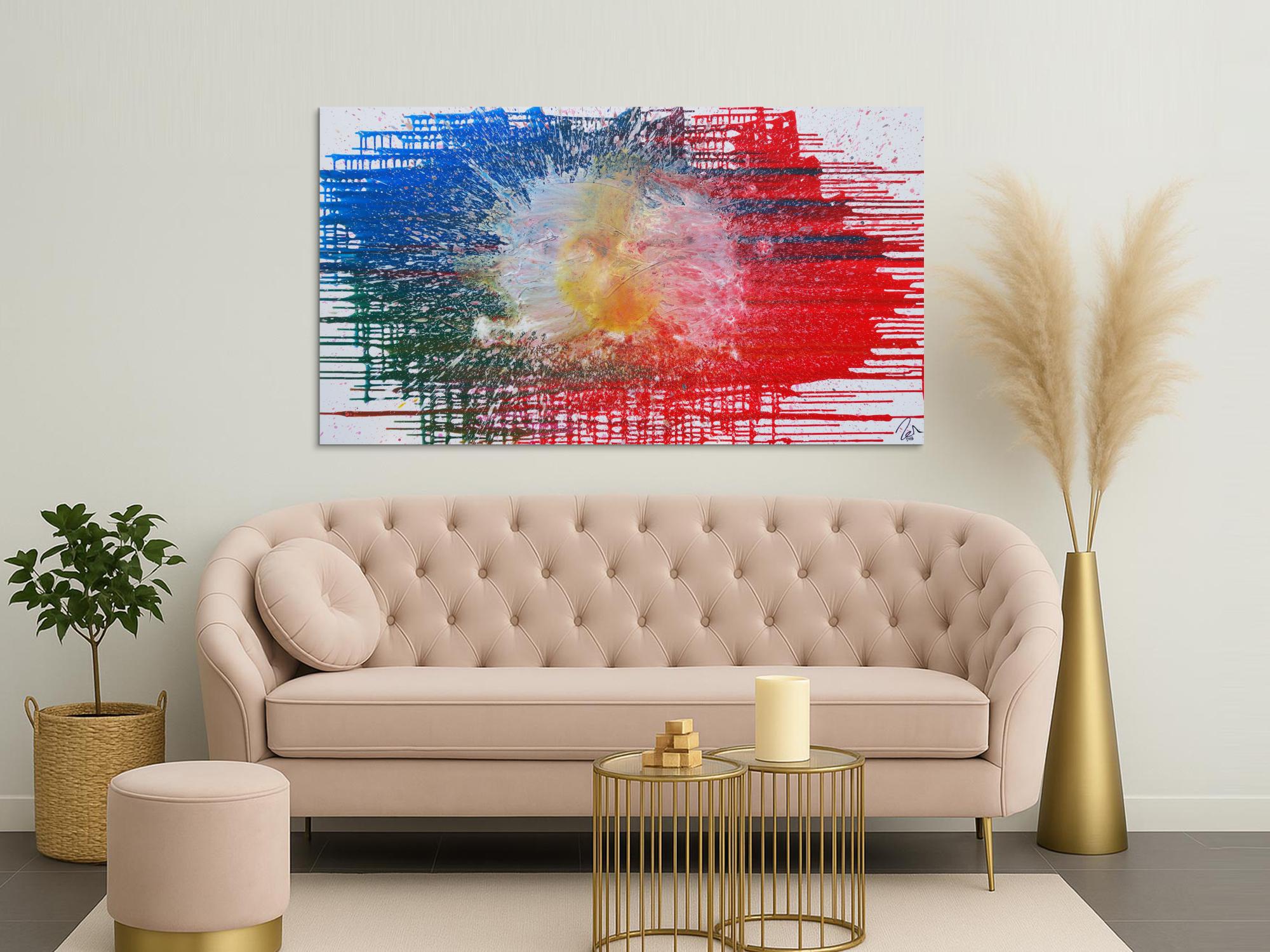 Abstraktes Acrylbild sehr modern in rot blau weiß Splash Art Fluid Painting Mischtechnik