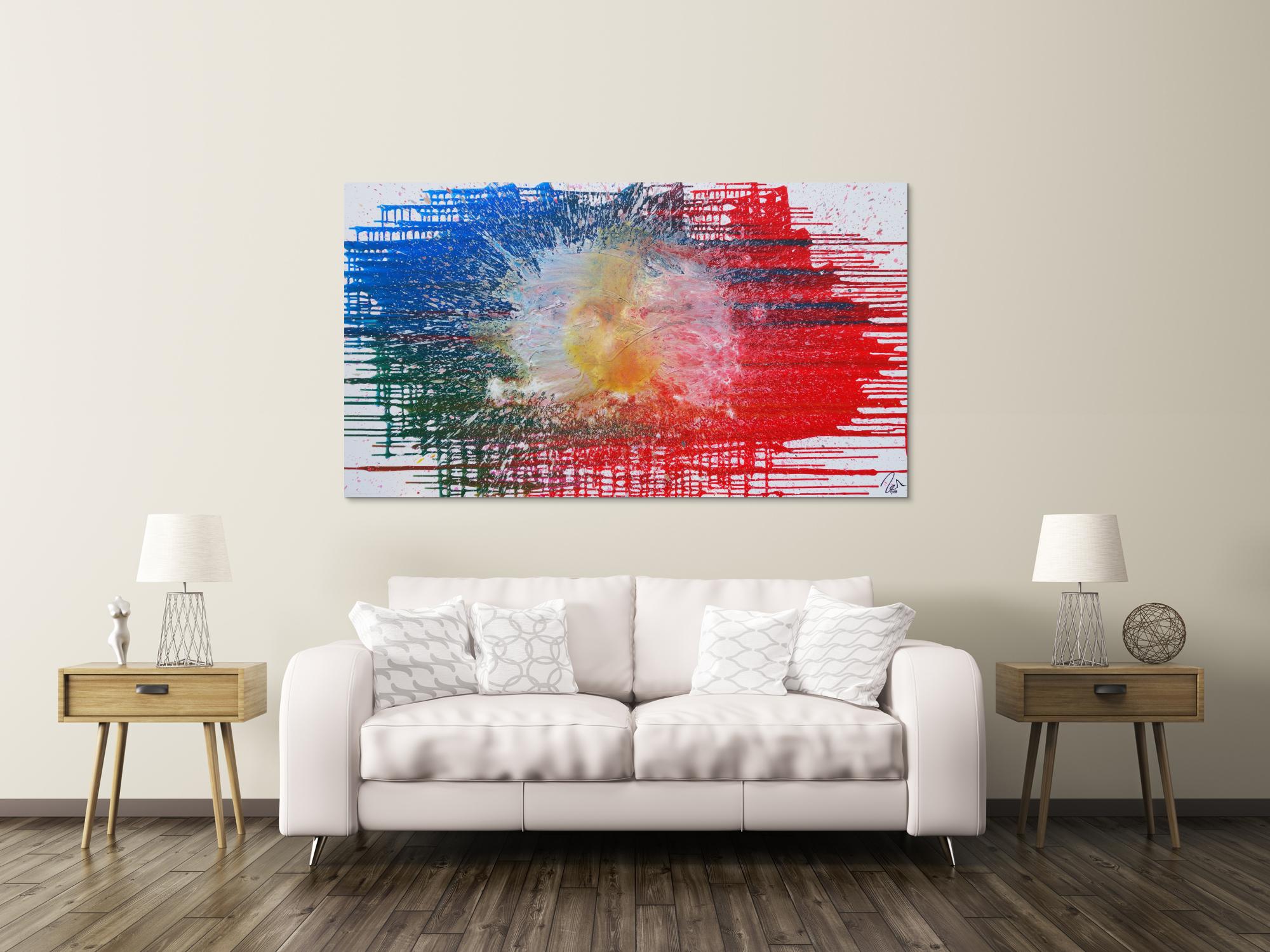 Abstraktes Acrylbild sehr modern in rot blau weiß Splash Art Fluid Painting Mischtechnik