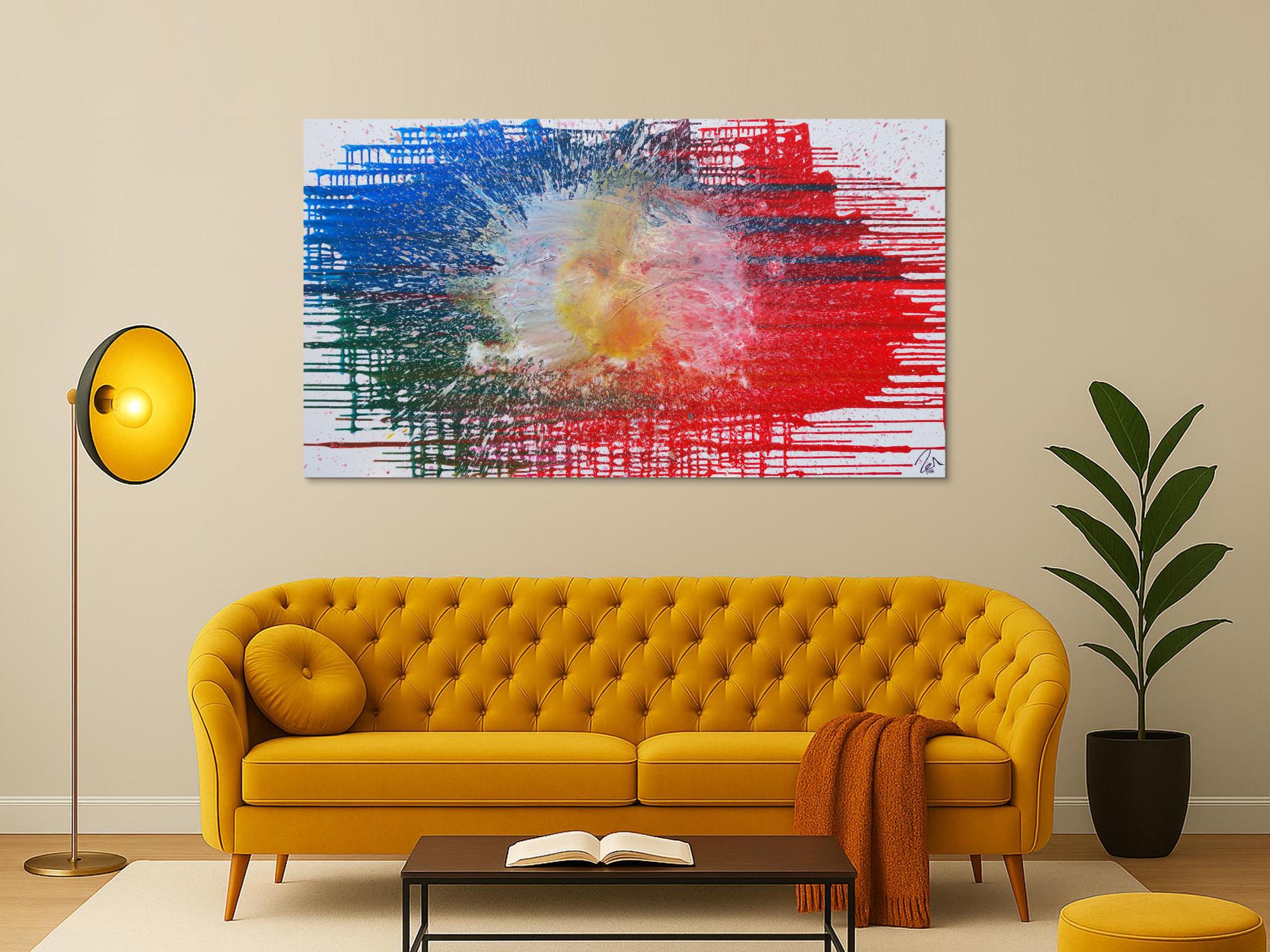 Abstraktes Acrylbild sehr modern in rot blau weiß Splash Art Fluid Painting Mischtechnik