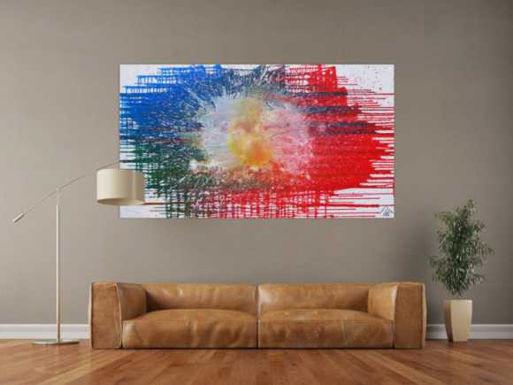 Abstraktes Acrylbild sehr modern in rot blau weiß Splash Art Fluid Painting Mischtechnik