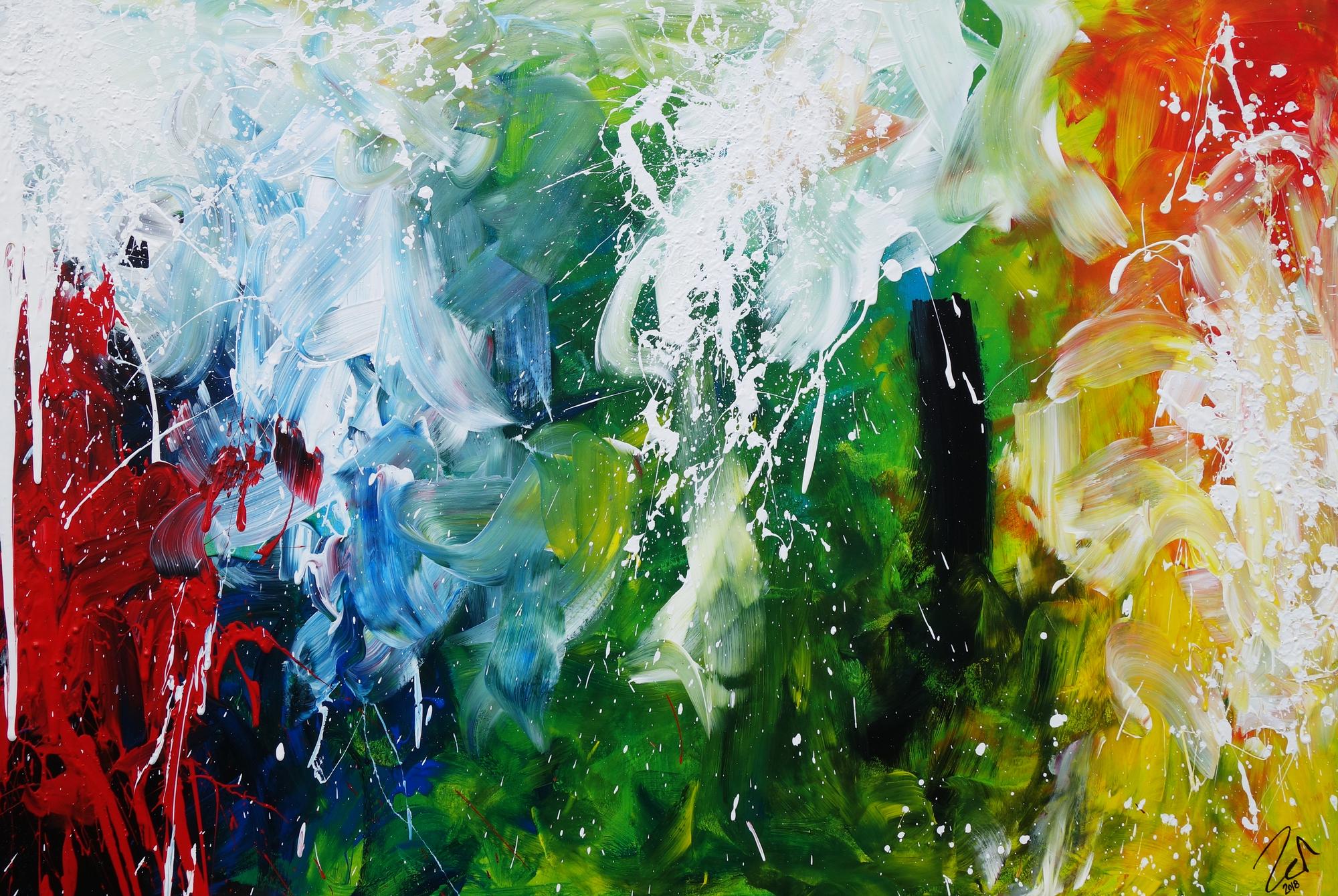 Abstraktes Acrylbild sehr bunt Action Painting sehr modern bunte Farben rot weiß grün blau gelb schwarz