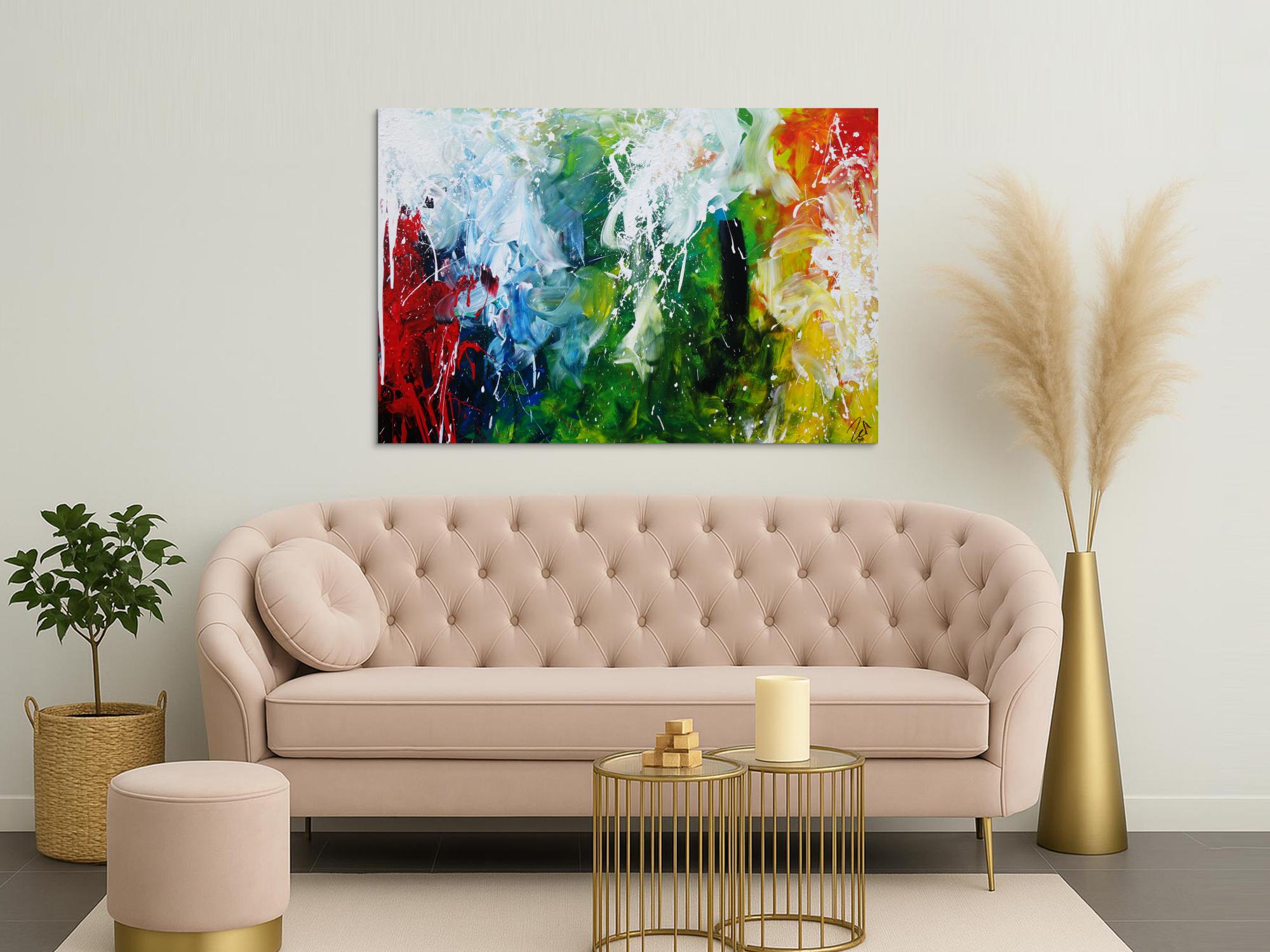 Abstraktes Acrylbild sehr bunt Action Painting sehr modern bunte Farben rot weiß grün blau gelb schwarz