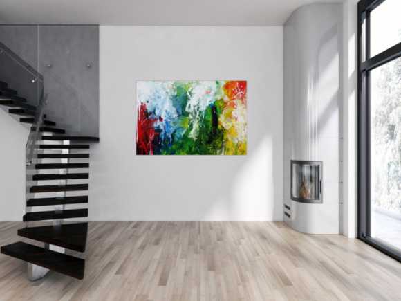 Abstraktes Acrylbild sehr bunt Action Painting sehr modern bunte Farben rot weiß grün blau gelb schwarz