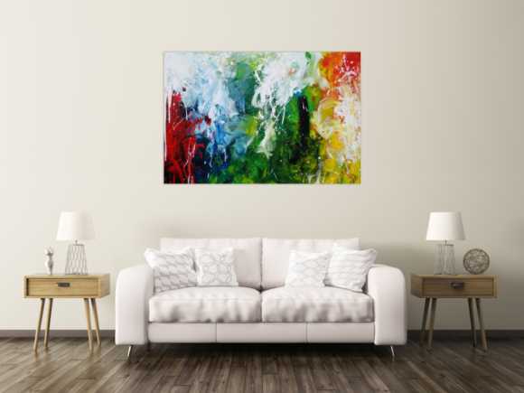Abstraktes Acrylbild sehr bunt Action Painting sehr modern bunte Farben rot weiß grün blau gelb schwarz