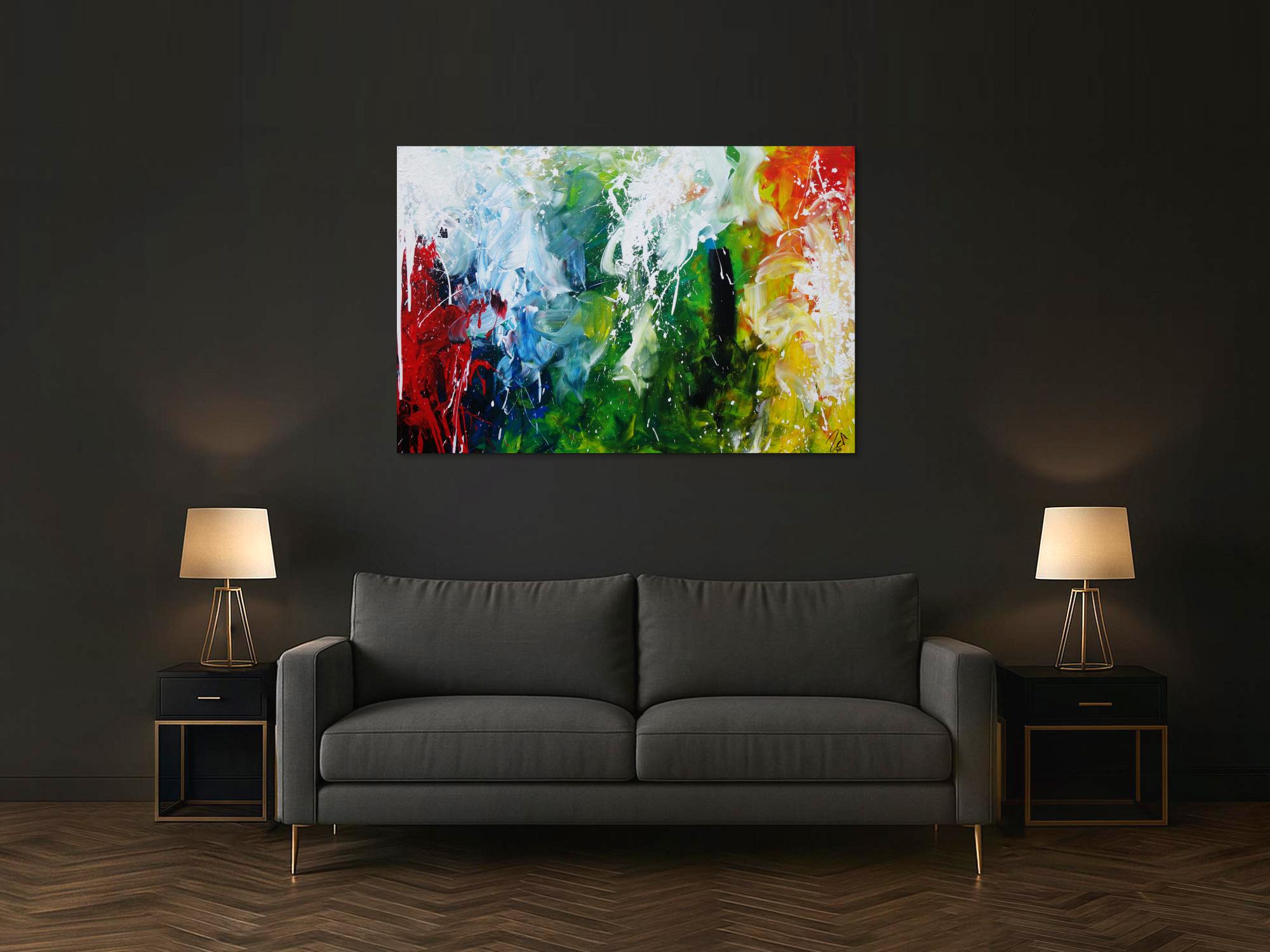 Abstraktes Acrylbild sehr bunt Action Painting sehr modern bunte Farben rot weiß grün blau gelb schwarz