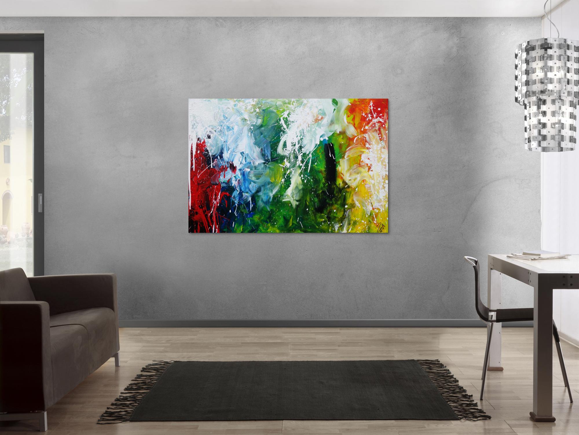 Abstraktes Acrylbild sehr bunt Action Painting sehr modern bunte Farben rot weiß grün blau gelb schwarz